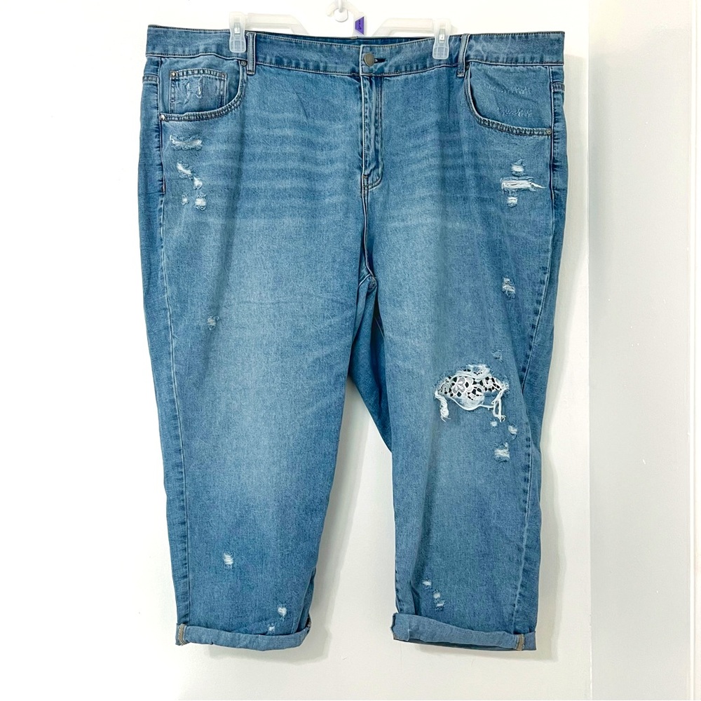 Lane Bryant Flex Magic Waistband High Rise Girlfriend Straight Distressed Jeans